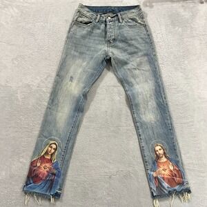 MNMI Jeans Mens 29x31 JESUS/ SANTA MARIA Print Holy Skinny Acid‎ Wash Button Fly